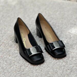 Salvatore Ferragamo ROSEWOOD 4cm Black Nero Calf Croc Print Block Heels – Size 6